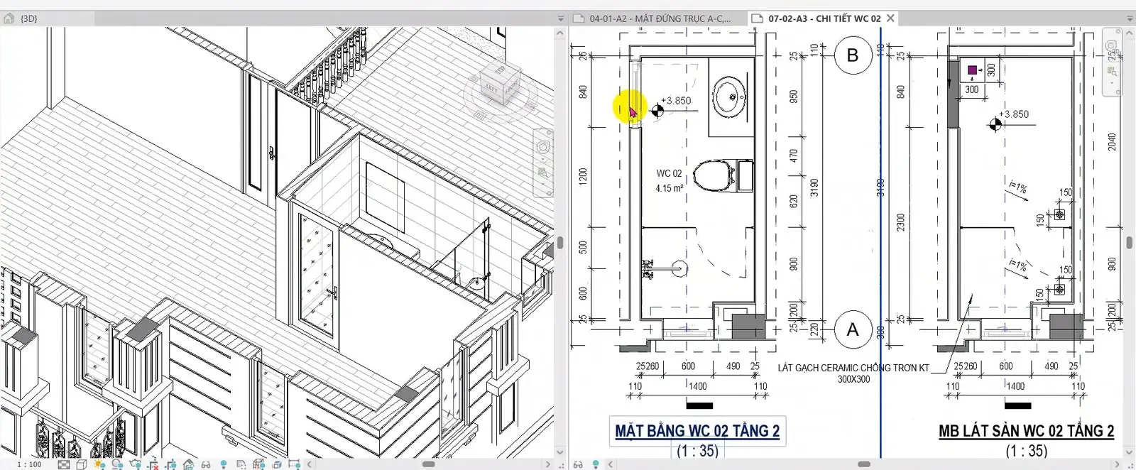 A lesson on screen: the 3D model and a toilet detail sheet generated directly from the Revit model, used in the drawing review session