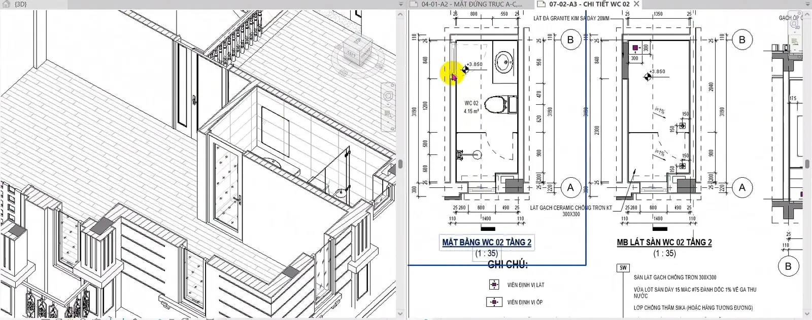 Màn hình bài giảng: kiểm tra bản vẽ chi tiết khu vệ sinh, gồm mặt bằng và mặt bằng lát sàn, được xuất trực tiếp từ mô hình Revit