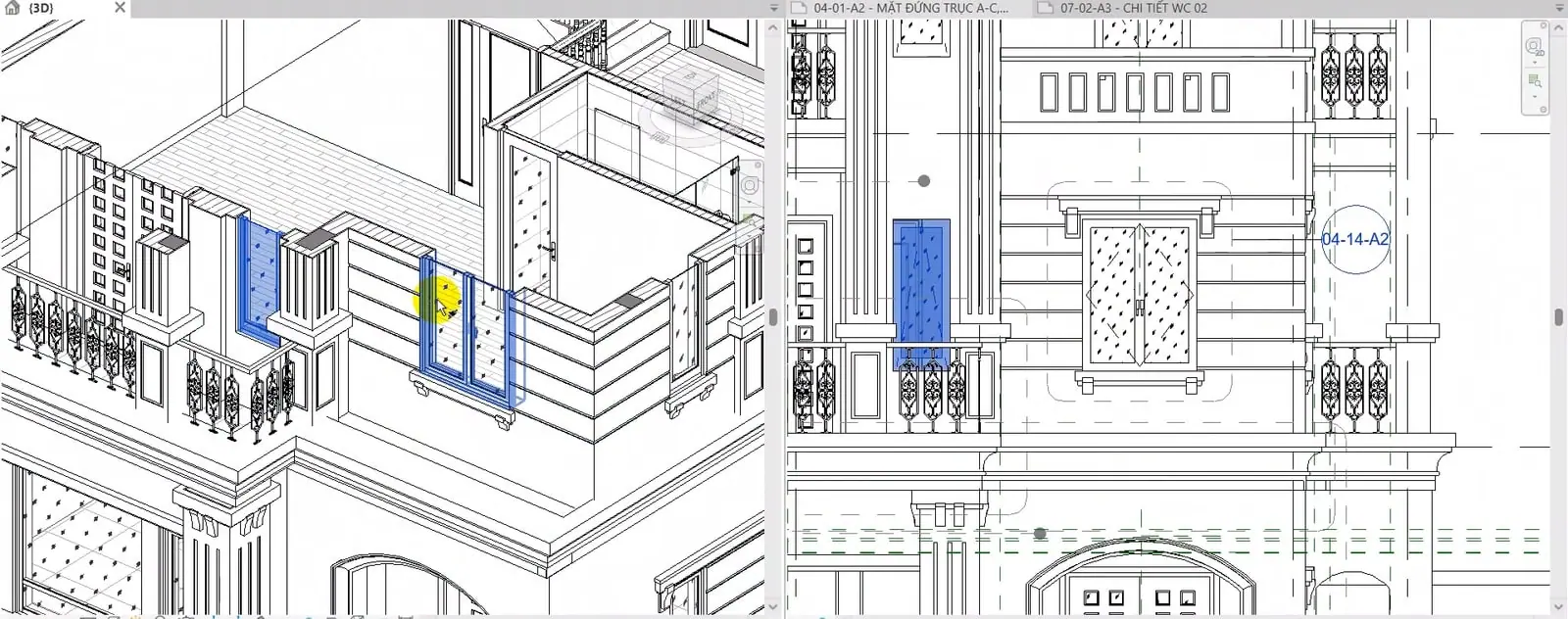 Màn hình bài giảng BIM Manager: cửa sổ chọn trên mô hình 3D sáng lên đồng thời trên bản vẽ mặt đứng xuất từ cùng mô hình