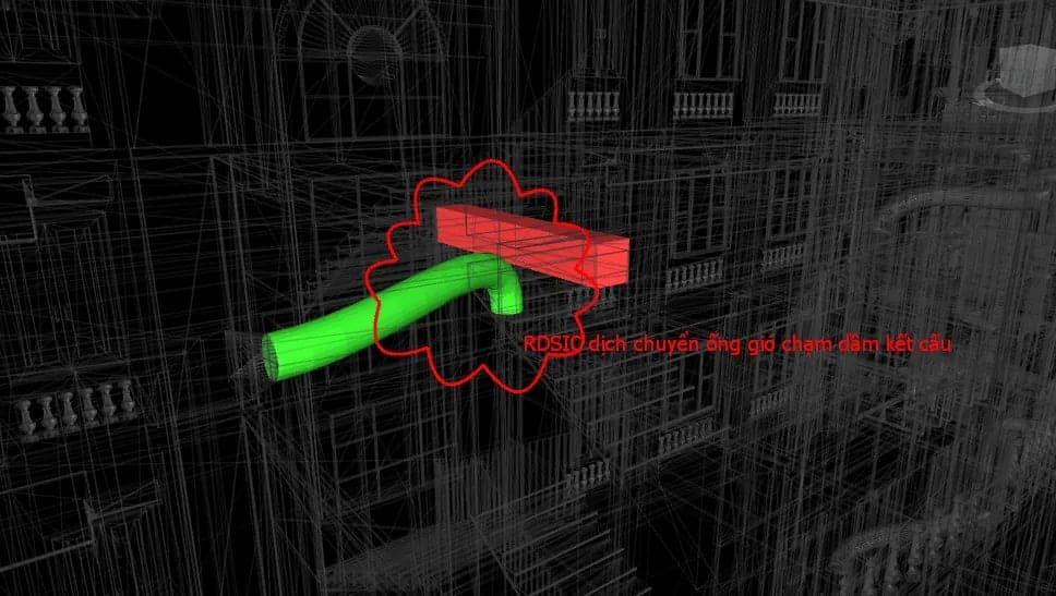 Kết quả kiểm tra va chạm trong lớp Navisworks tại Viện: phần mềm tô đỏ dầm kết cấu, tô xanh ống gió và khoanh đúng chỗ hai cấu kiện chiếm cùng một khoảng không