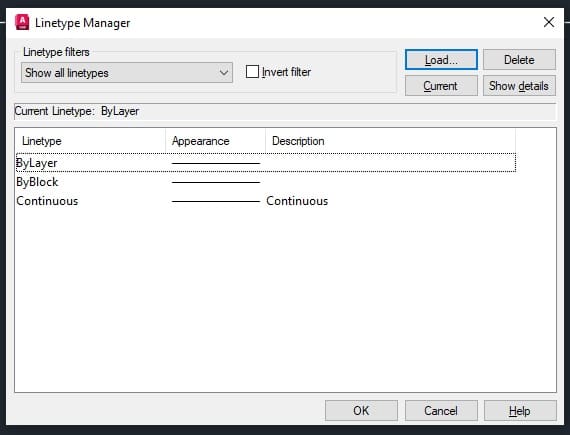 Bảng Linetype Manager