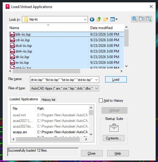 Hộp thoại Load/Unload Applications sau khi nạp cả 12 tệp, dòng dưới cùng báo Successfully loaded 12 files