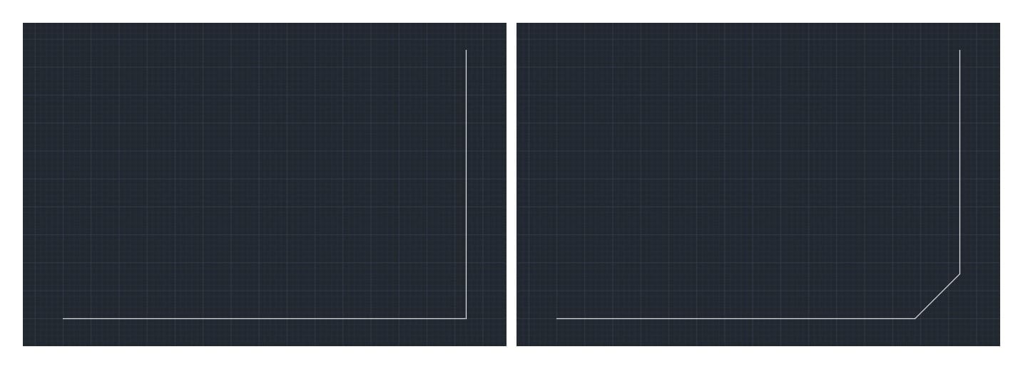 The same square corner before and after chamfering: the apex is replaced by a straight line