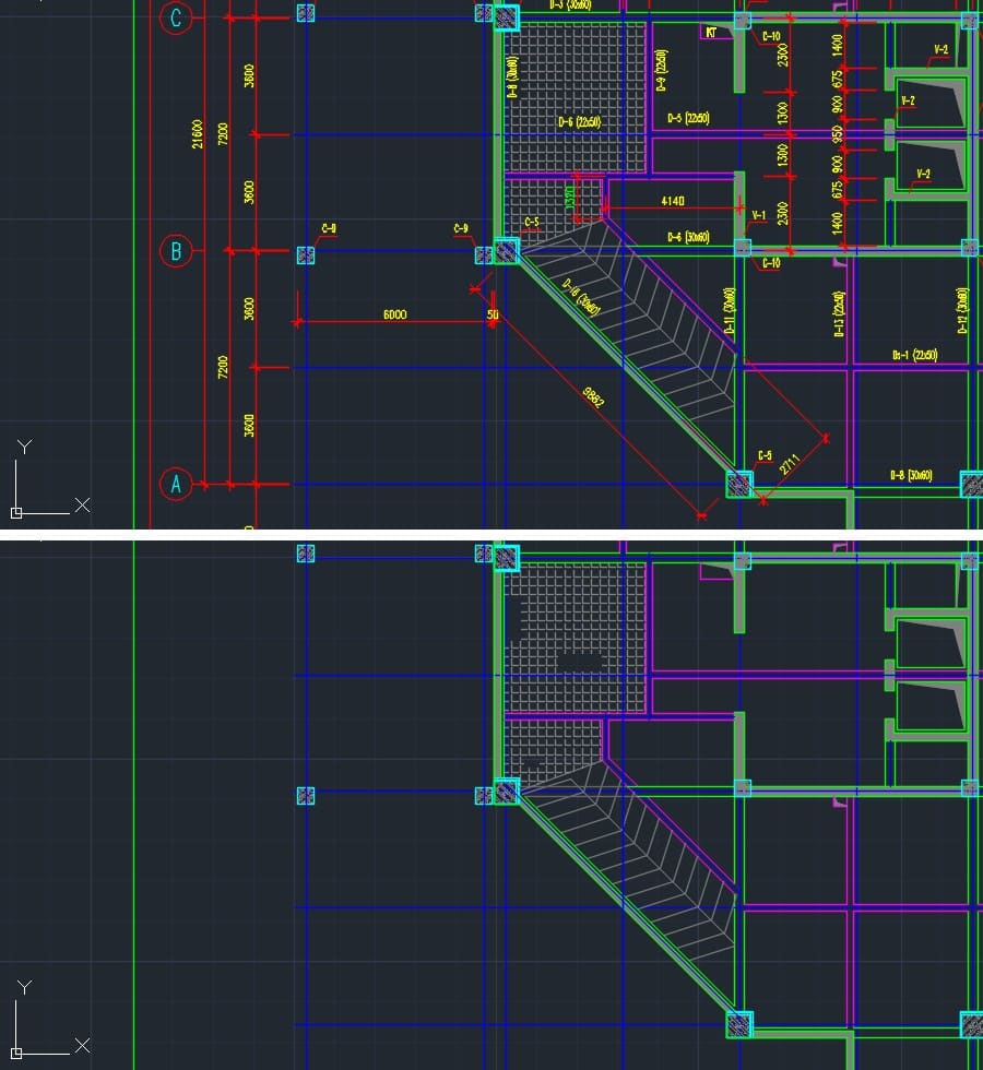 Mặt bằng kết cấu trước và sau khi tắt layer