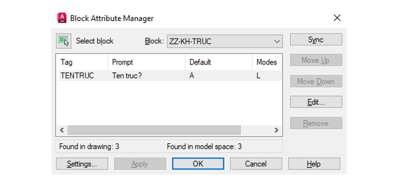 Hộp Block Attribute Manager