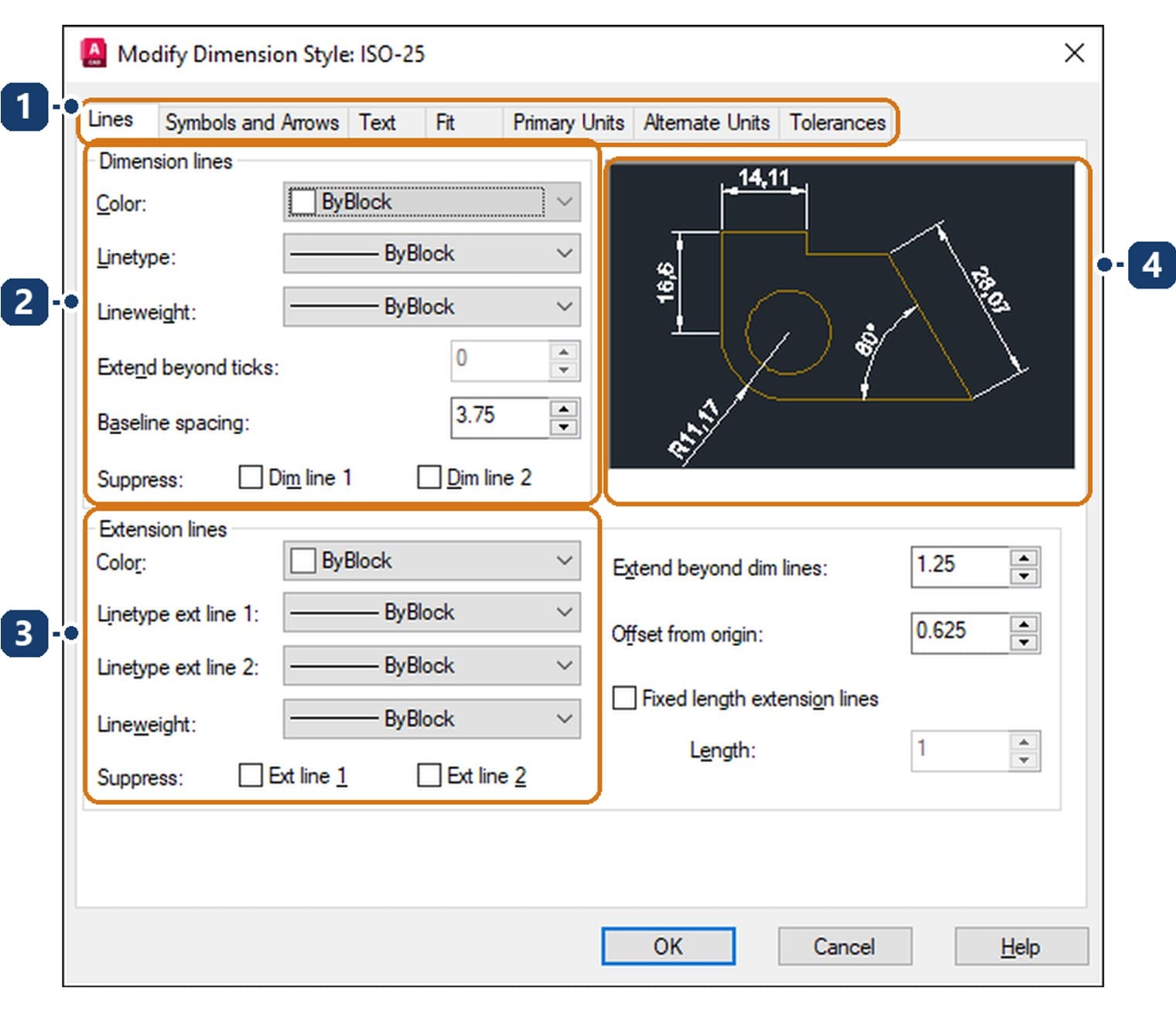 Thẻ Lines của hộp Modify Dimension Style
