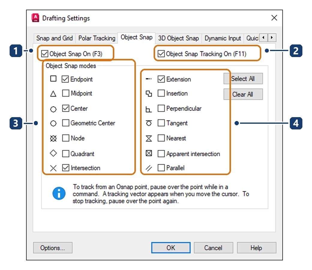 The Object Snap tab of the Drafting Settings dialog
