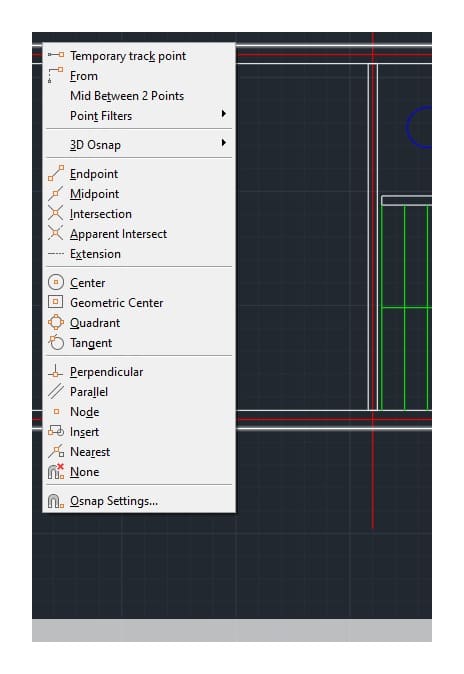 The object snap menu from Shift and right-click