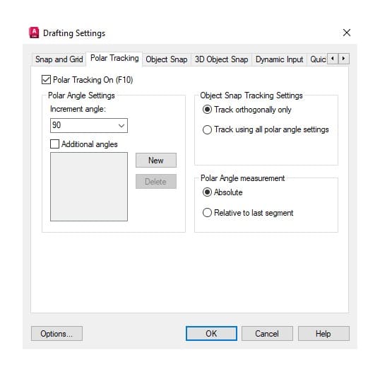 The Polar Tracking tab of the Drafting Settings dialog