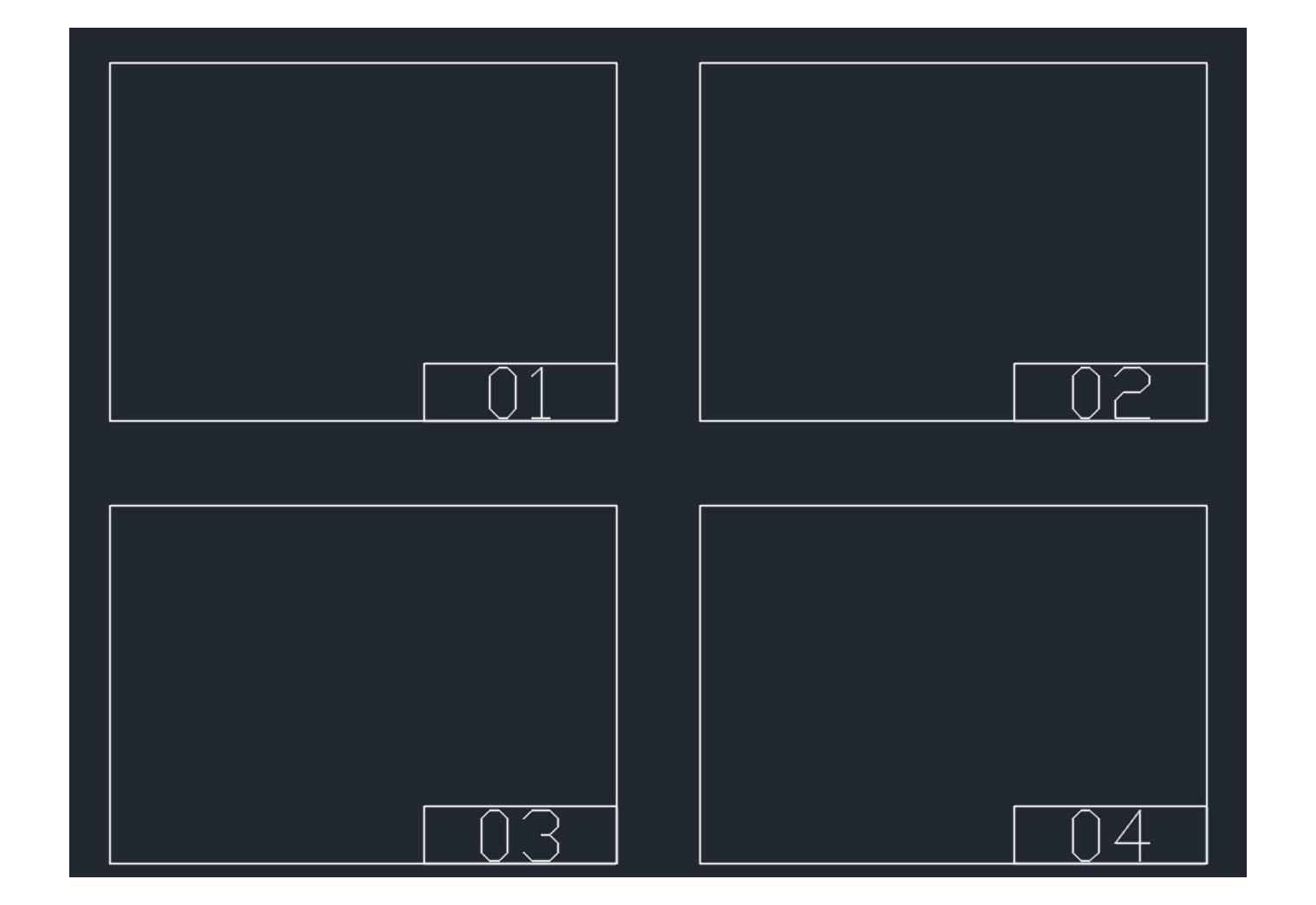 Four A3 title blocks laid out in model space, turned into four PDF files by a single command