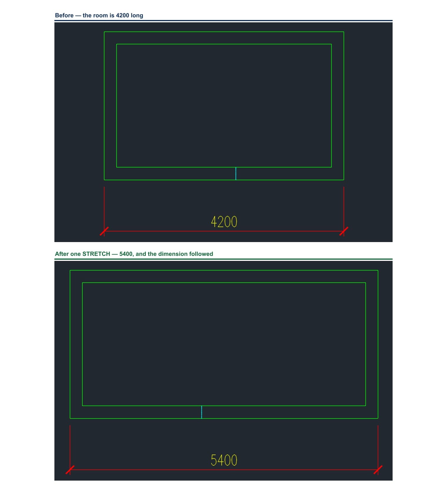 A 4200 room lengthened to 5400 by a single command, with the dimension figure following on its own