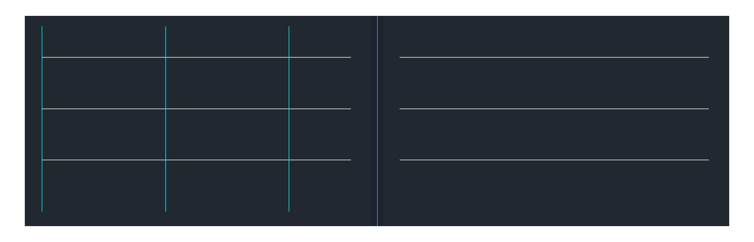 The same drawing, complete on the left and with the column lines hidden on the right