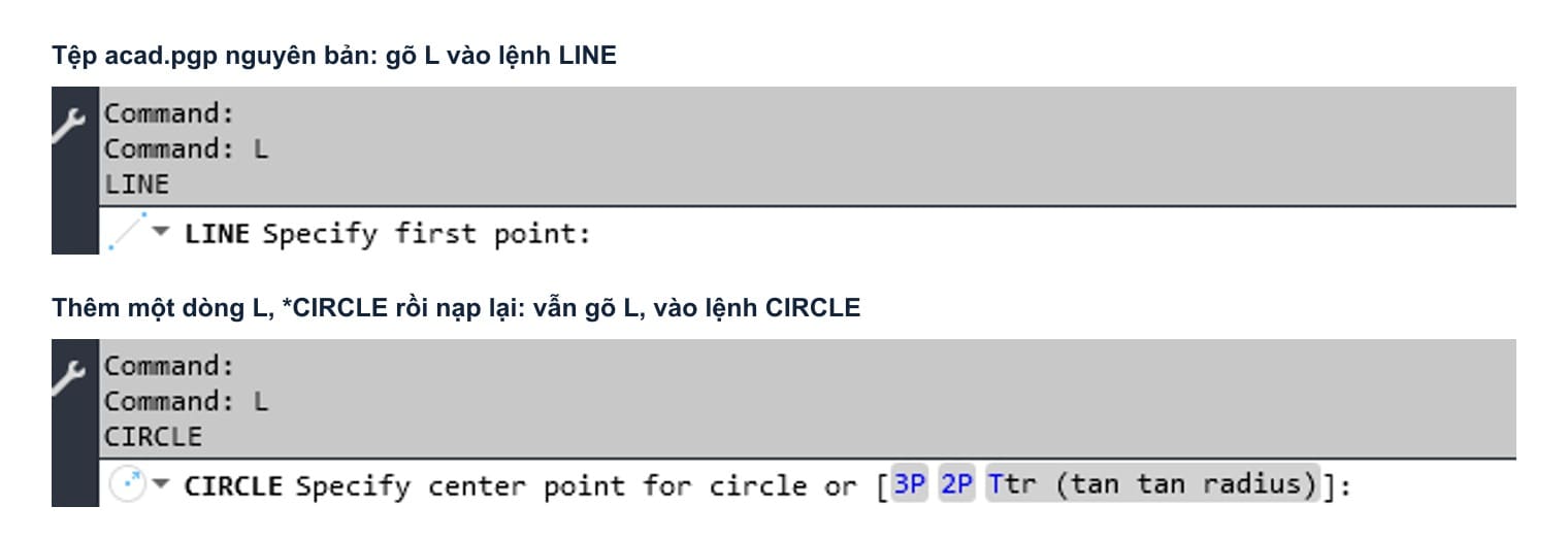 The same letter L, once starting LINE and once starting CIRCLE, with one line of a configuration file between them