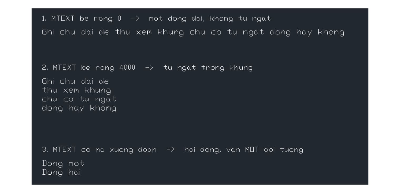 Ba cách xuống dòng của MTEXT đo trên AutoCAD 2027: bề rộng khung bằng 0, bề rộng 4000, và mã xuống đoạn