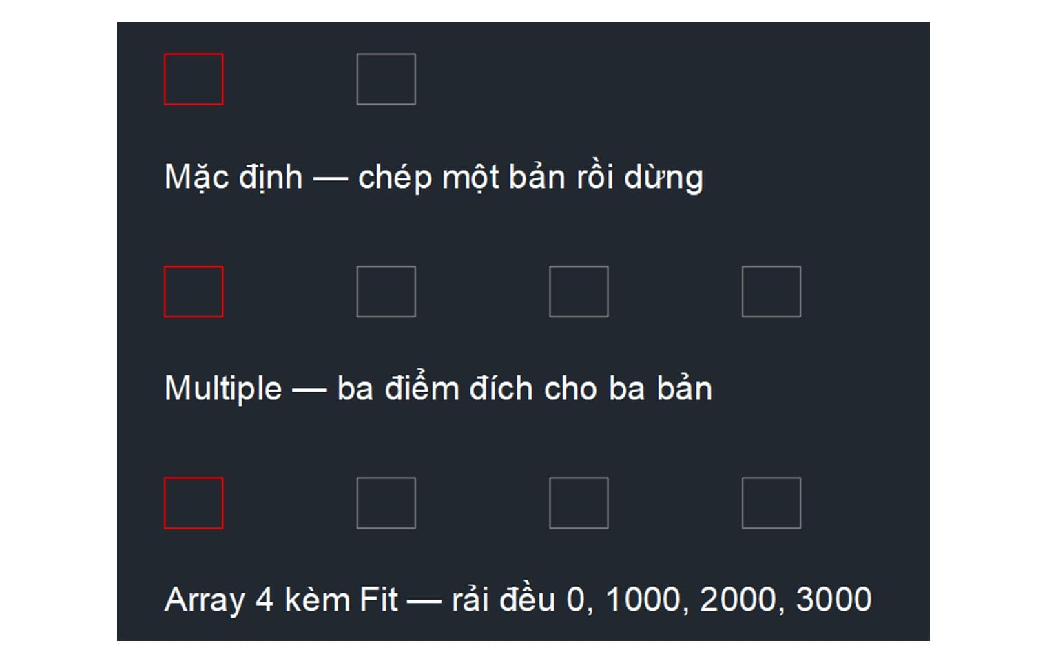 The three ways COPY works on AutoCAD 2027; the red rectangle is the original