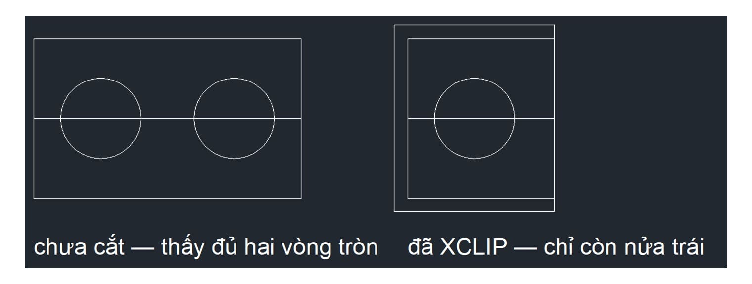 Cùng một khối trên AutoCAD 2027: bên trái chưa cắt, bên phải đã XCLIP nên chỉ còn nửa trái