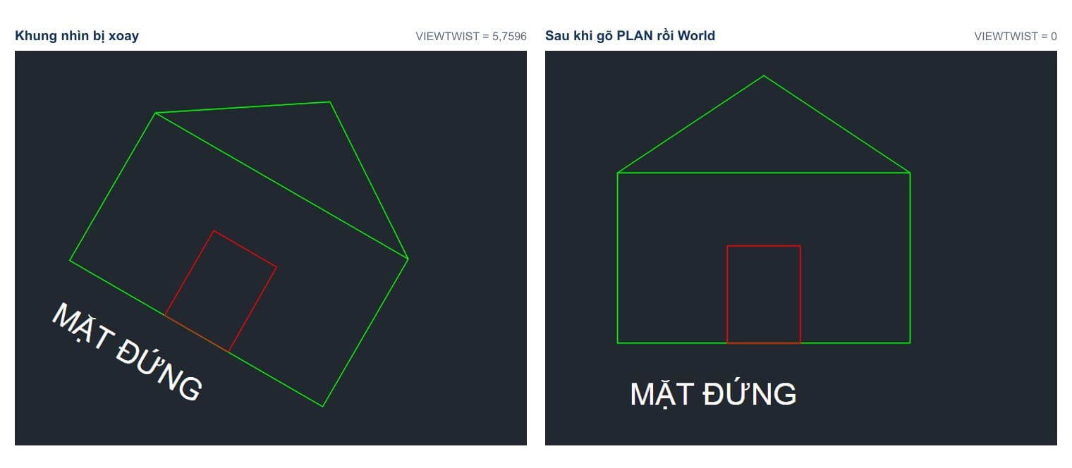 Cùng một bản vẽ trên AutoCAD 2027: khung nhìn đang bị xoay, và sau khi gõ PLAN rồi chọn World