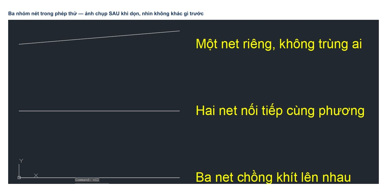 Ba nhóm nét điển hình trên bản vẽ, ảnh chụp sau khi chạy lệnh dọn