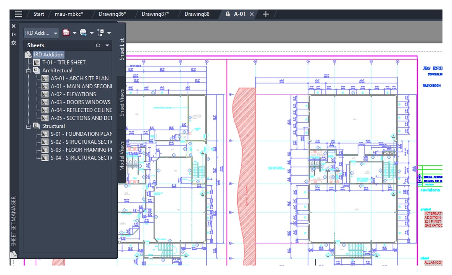 The Sheet Set Manager palette opening by itself when a drawing belonging to the IRD Addition sample set is opened, showing 11 sheets in two subsets