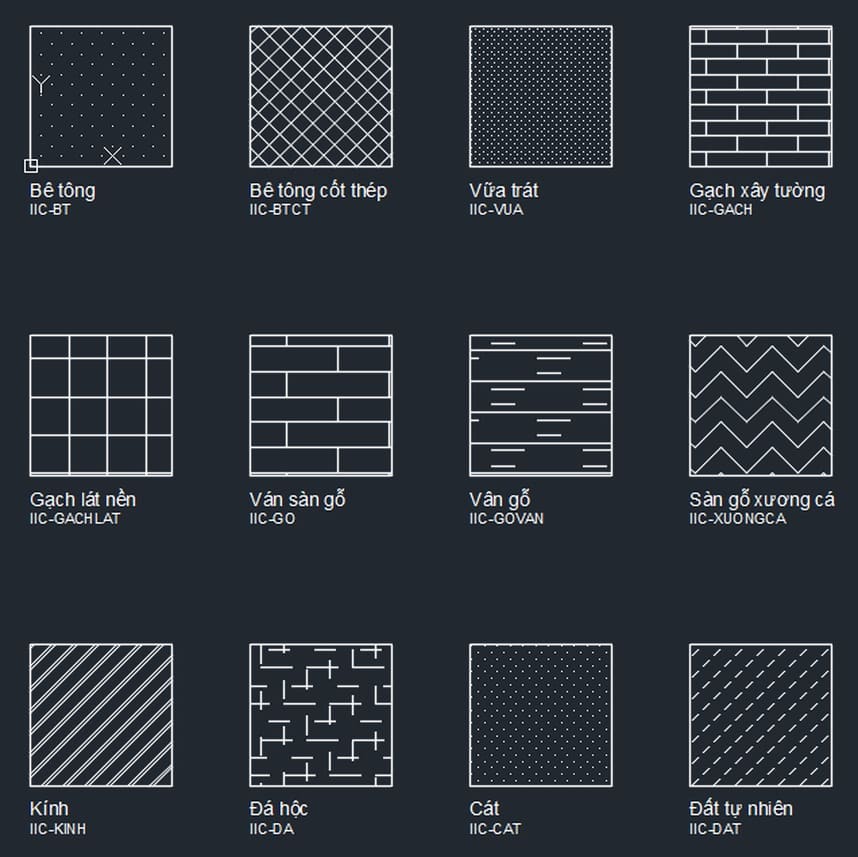 The Institute's 12 hatch patterns, hatched for real on AutoCAD 2027, from concrete to herringbone parquet
