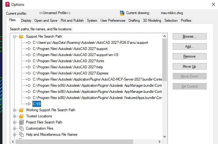 Khai đường dẫn trong hộp Options