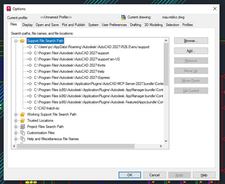 Registering the folder in Options
