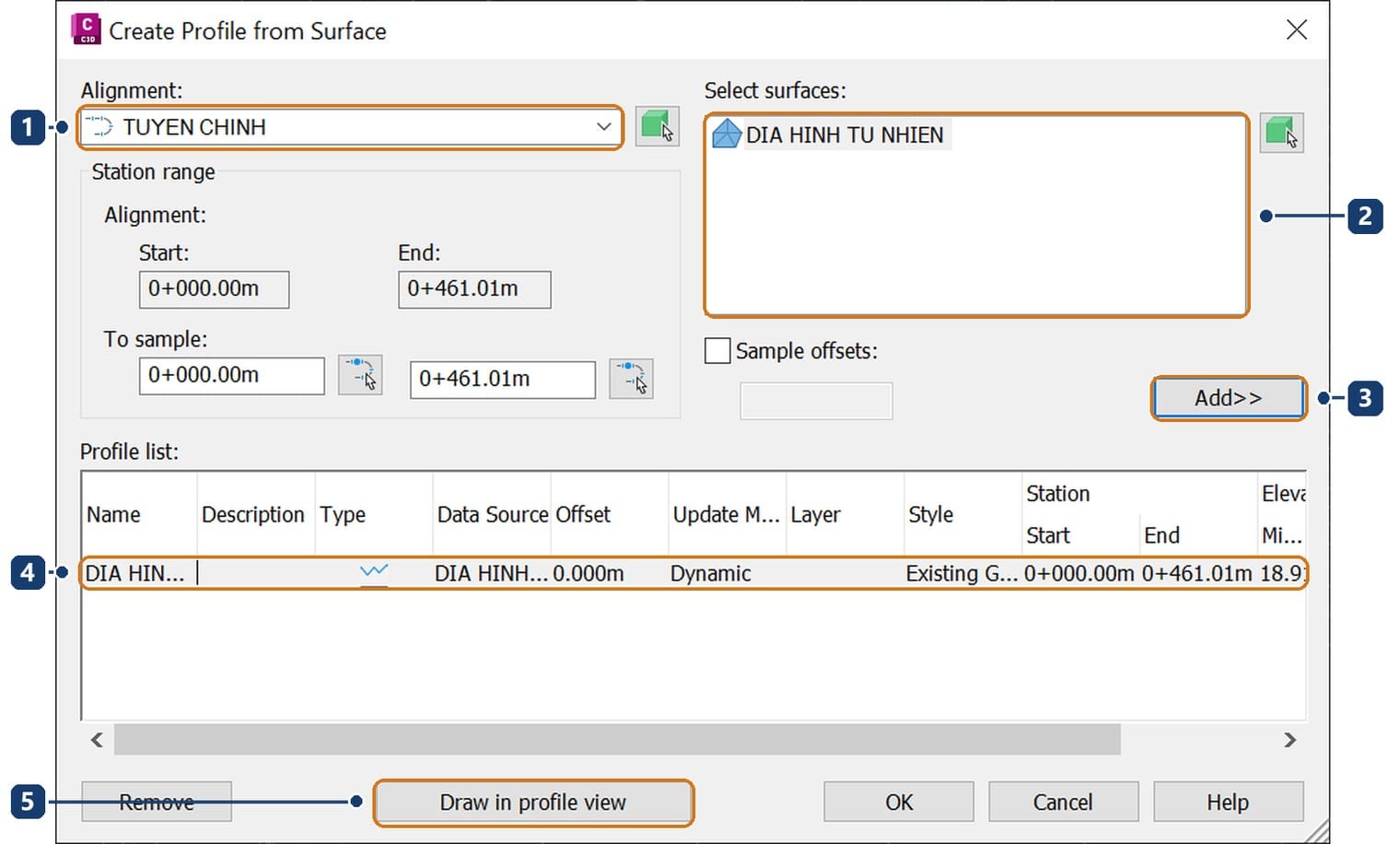 Create Profile from Surface with the existing ground added