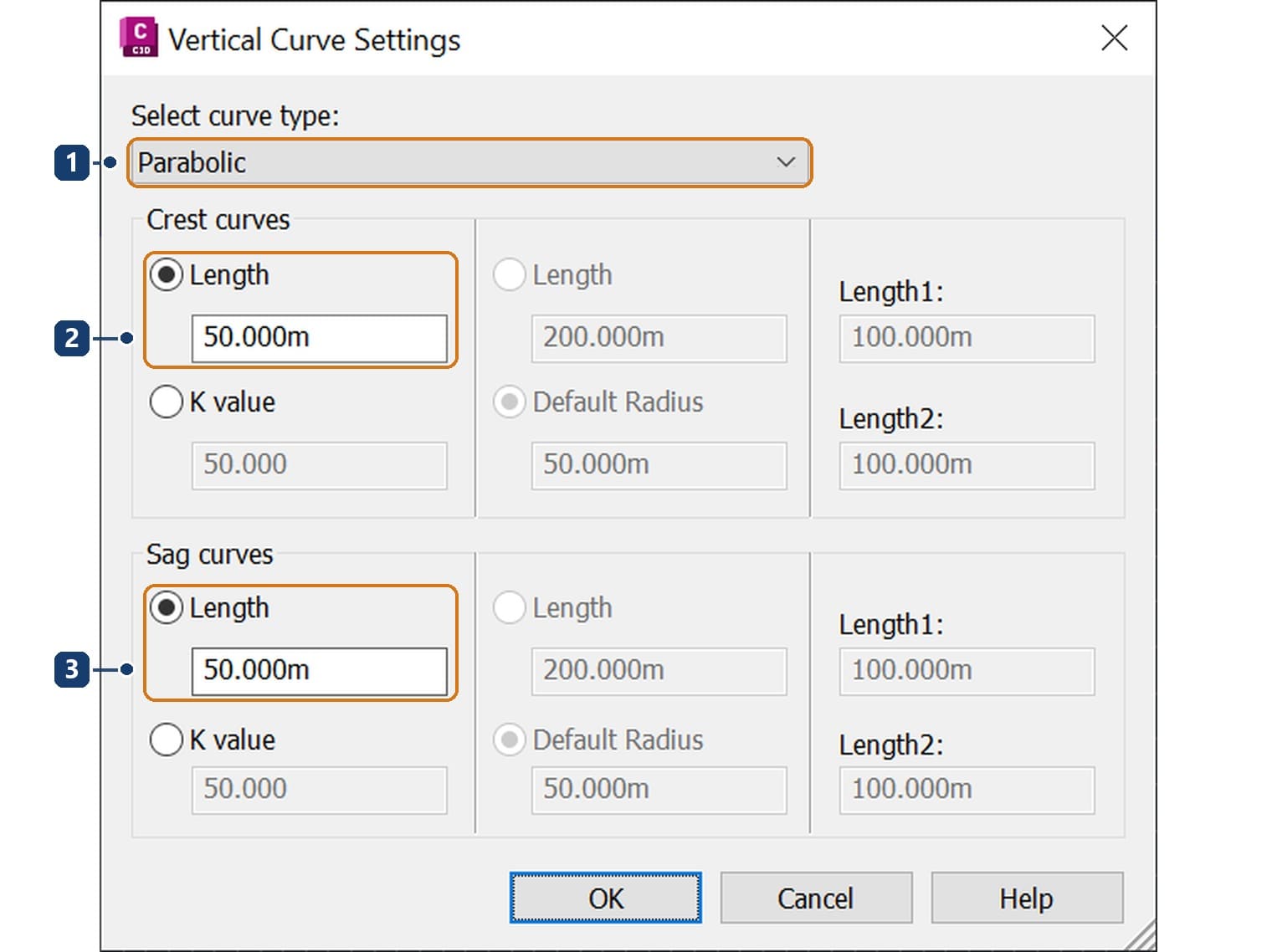 Vertical Curve Settings dialog