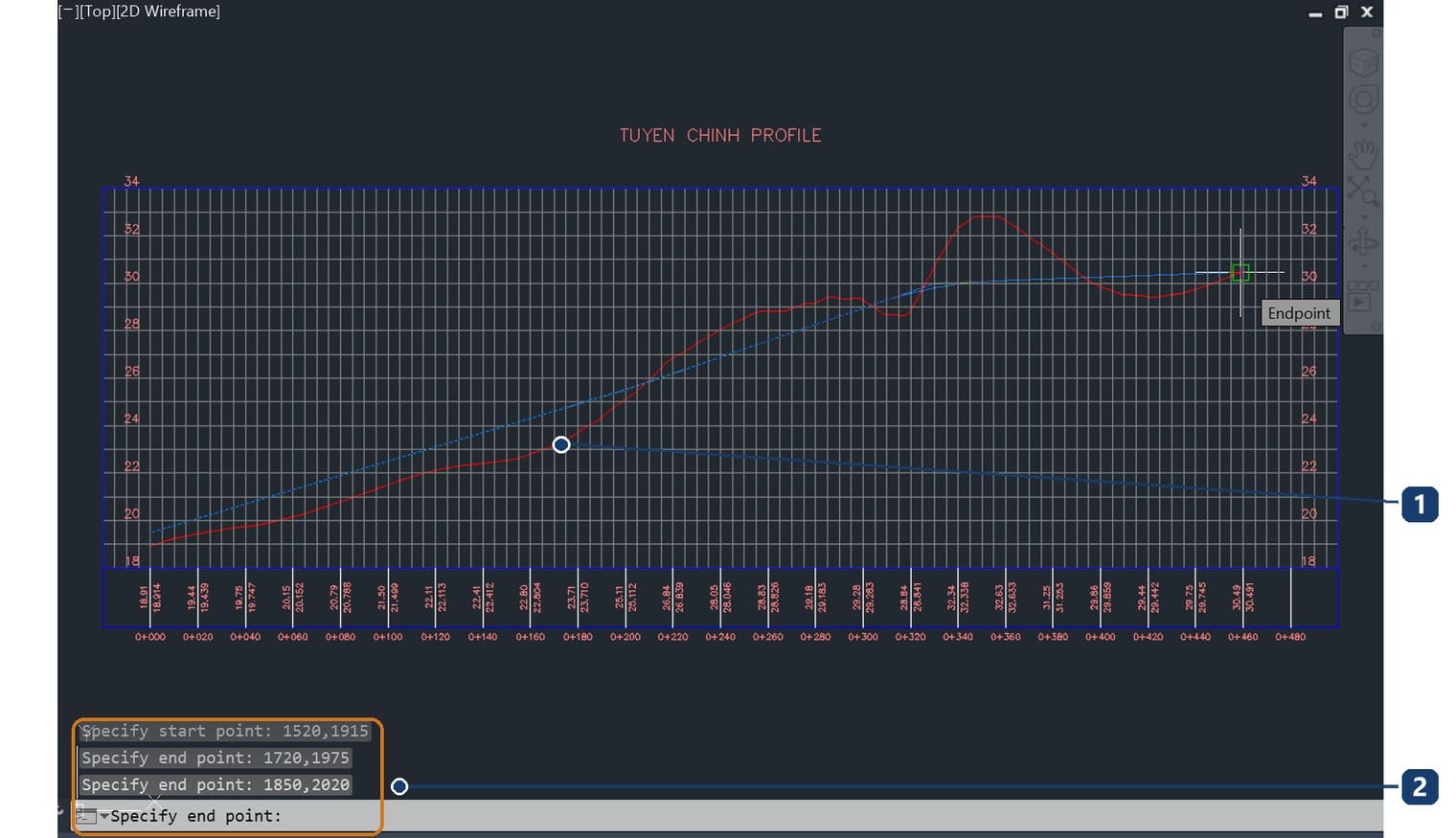 Drawing the design profile, with the typed points on the command line
