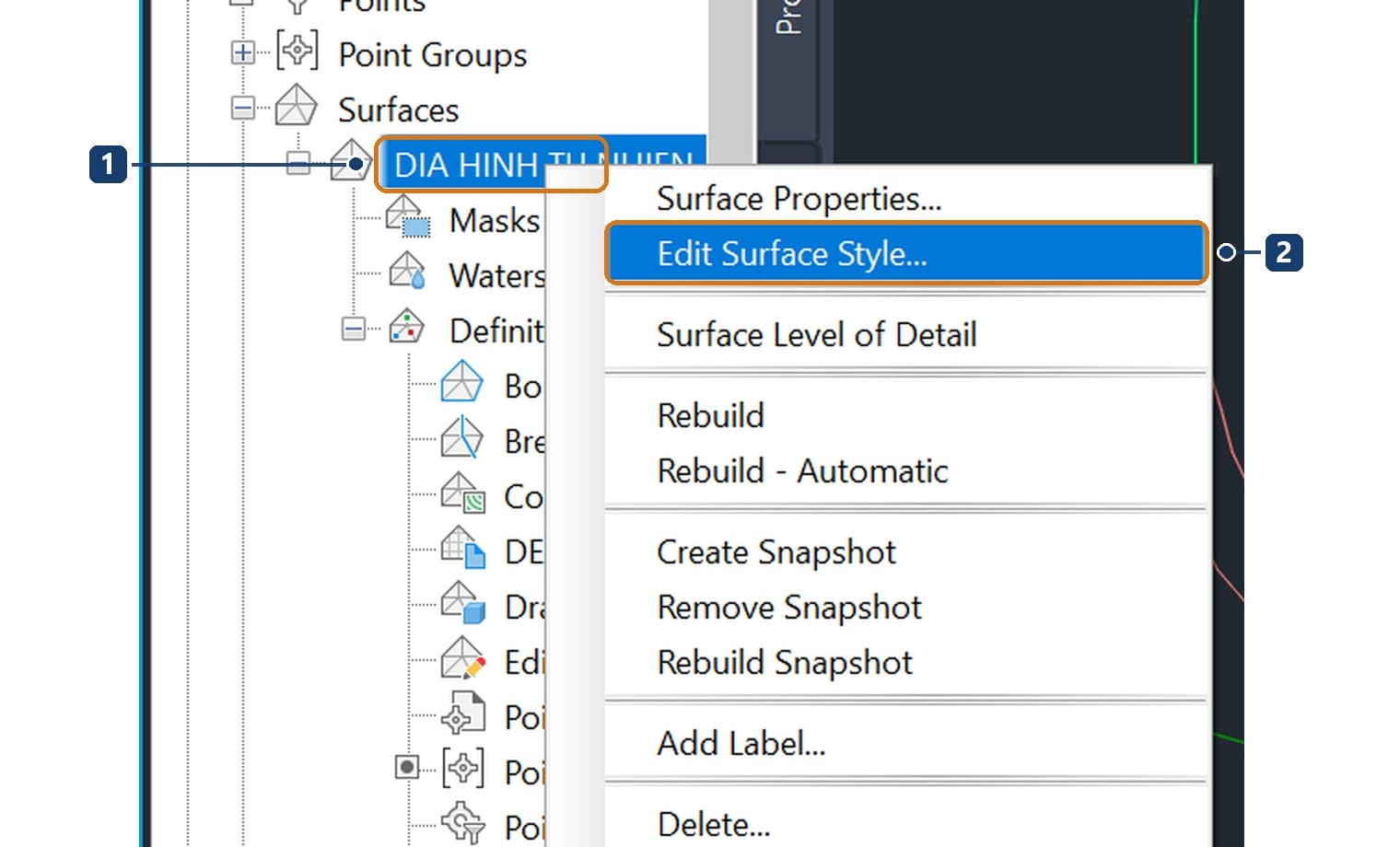 Menu chuột phải Edit Surface Style trên bề mặt