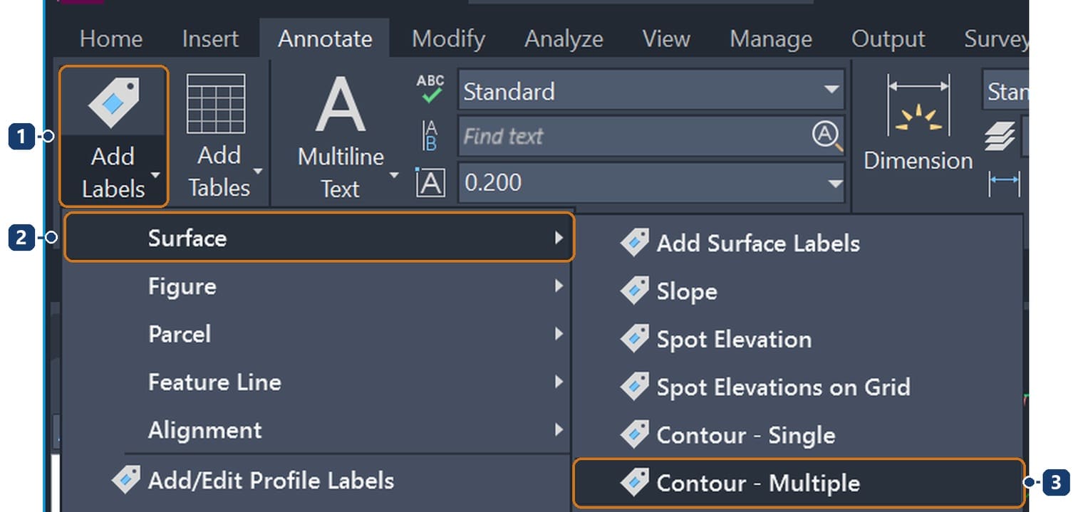 Menu Add Labels, Surface, Contour - Multiple