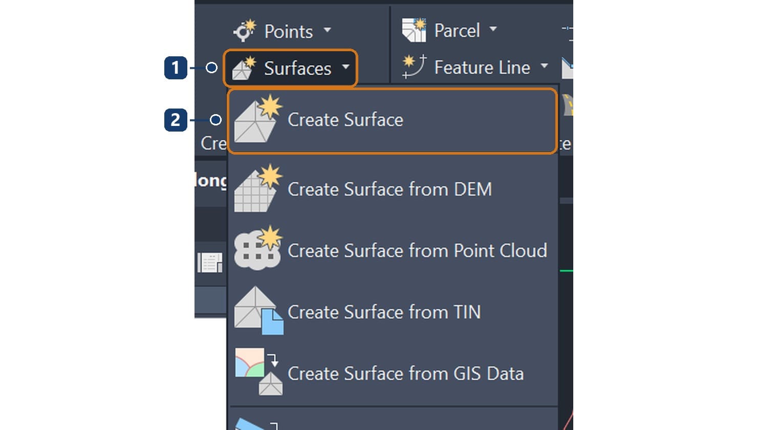 Lệnh Create Surface trong menu Surfaces của tab Home