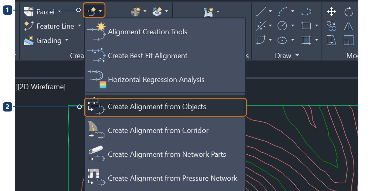 Menu Alignment trên ribbon Civil 3D