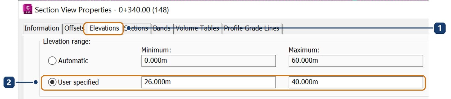 Elevations tab of Section View Properties