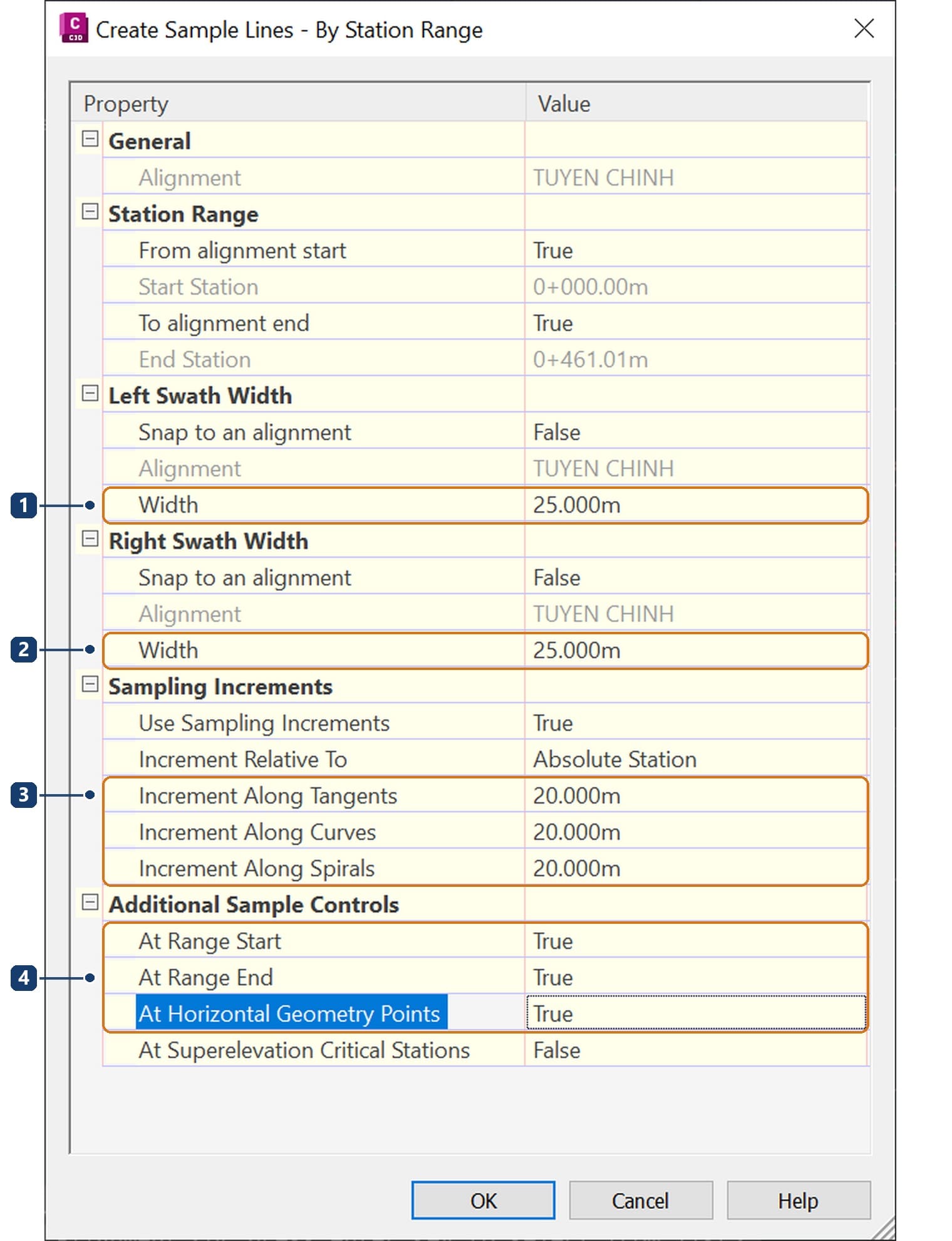 Create Sample Lines - By Station Range dialog