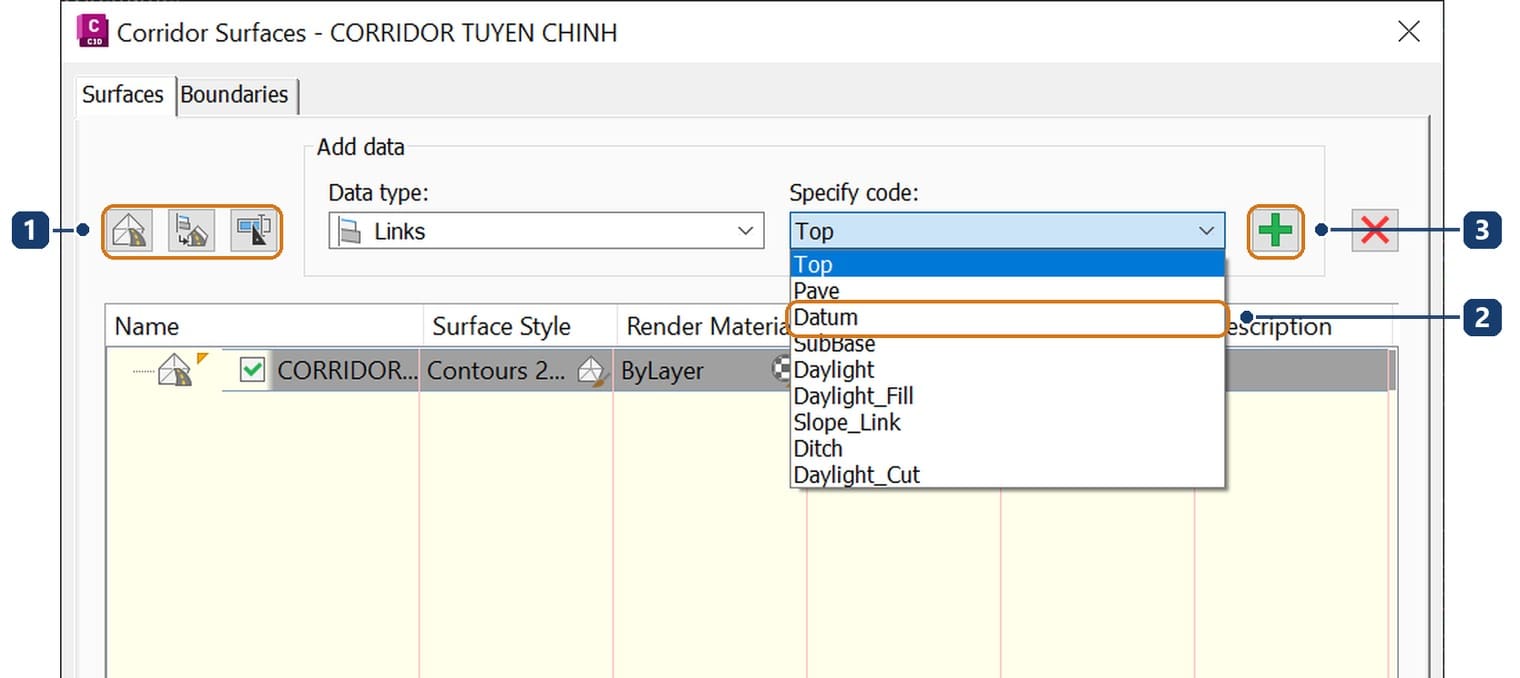Choosing the Datum code for the corridor surface