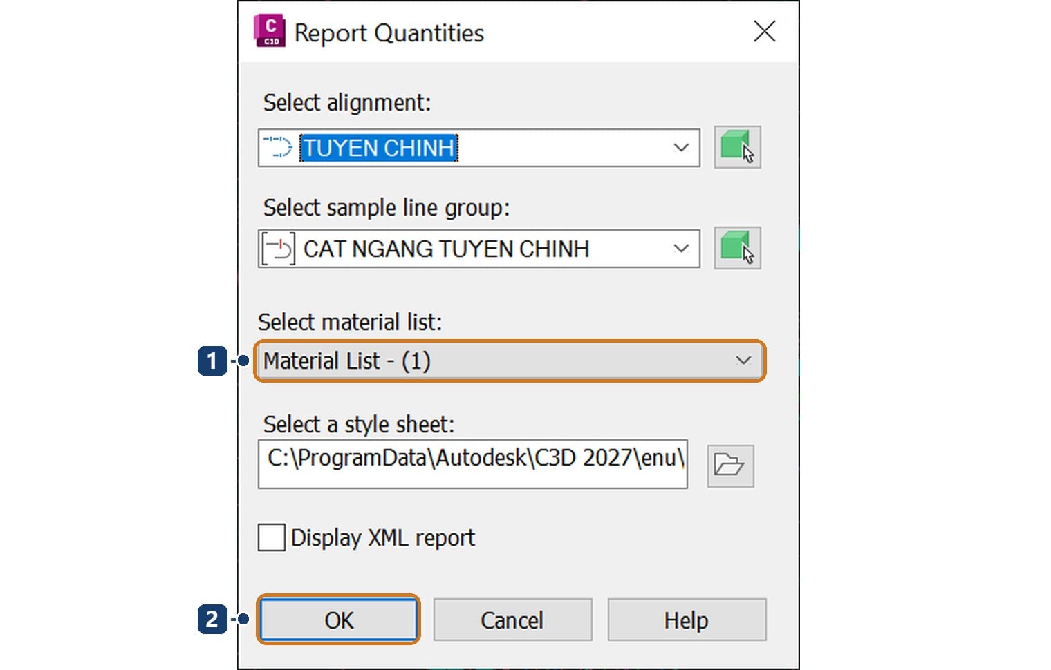 Report Quantities dialog