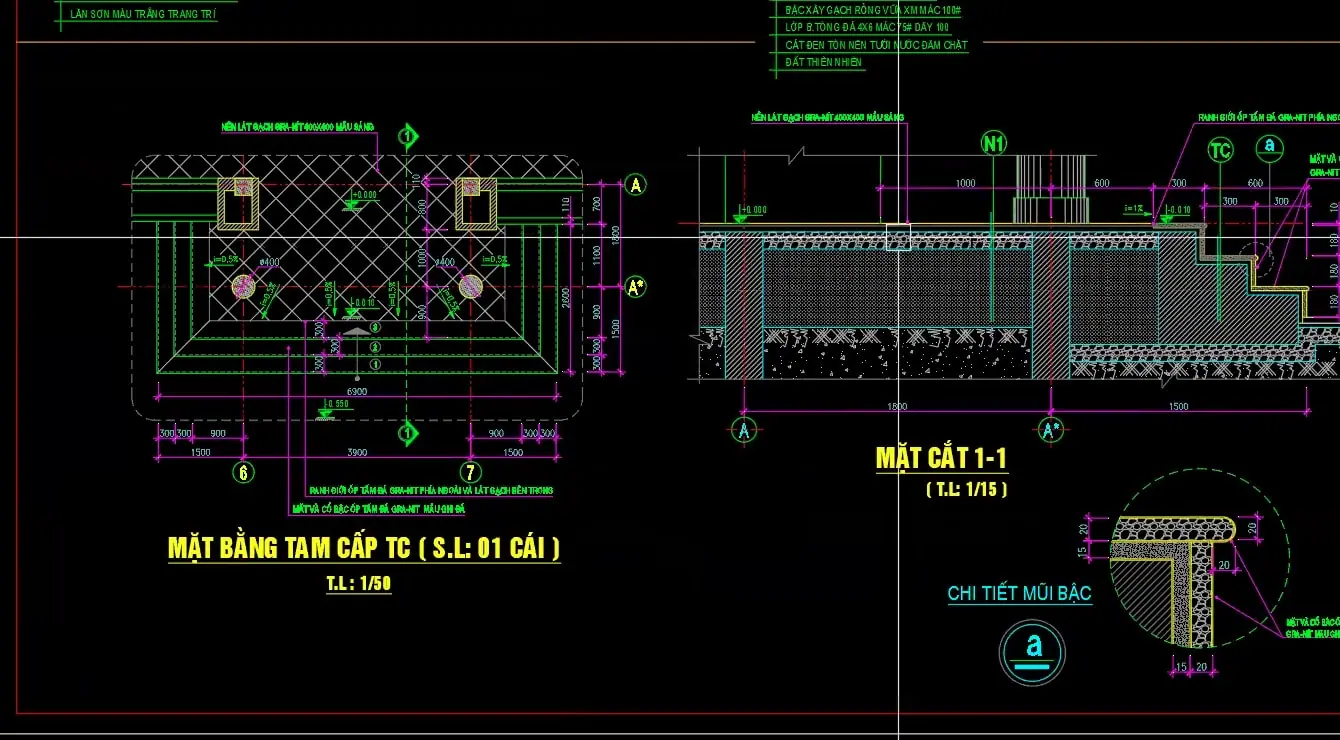 Màn hình bài giảng đọc bản vẽ của Viện Tin học Xây dựng: mặt bằng tam cấp, mặt cắt và chi tiết mũi bậc