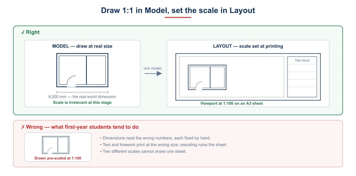 Draw 1:1 in Model, set the scale in Layout
