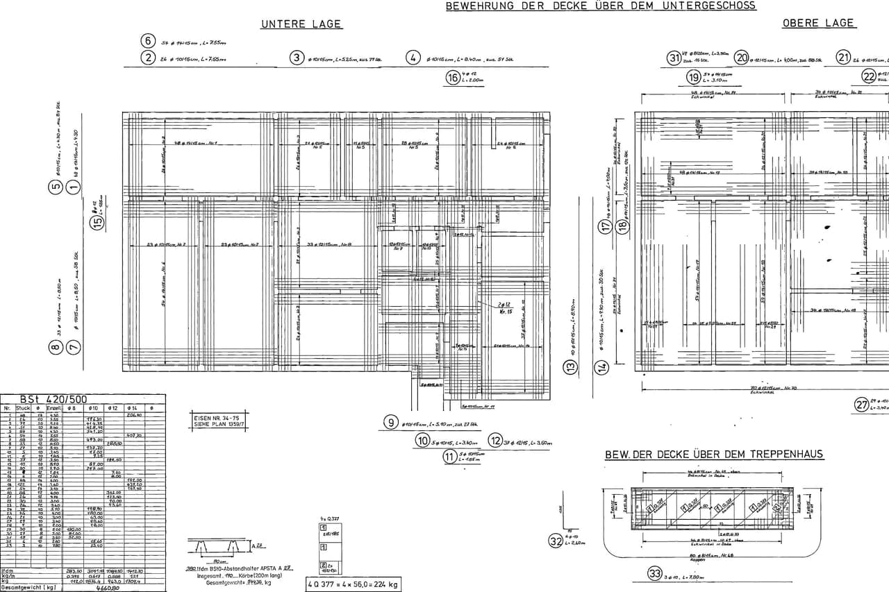 Bản vẽ kết cấu sàn: mặt bằng cho biết cấu kiện nằm ở trục nào, kích thước bao nhiêu; các mặt cắt và bảng thống kê bên cạnh cho biết thép bố trí thế nào