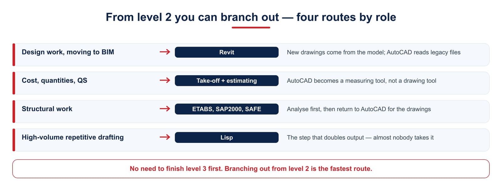 Four routes after AutoCAD by role: Revit for BIM design, take-off and estimating for QS, ETABS for structures, Lisp for high-volume drafting