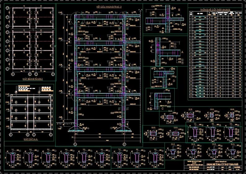 A structural sheet drawn entirely in AutoCAD: floor plan, section, frame elevation, connection details and the rebar schedule, all on one sheet