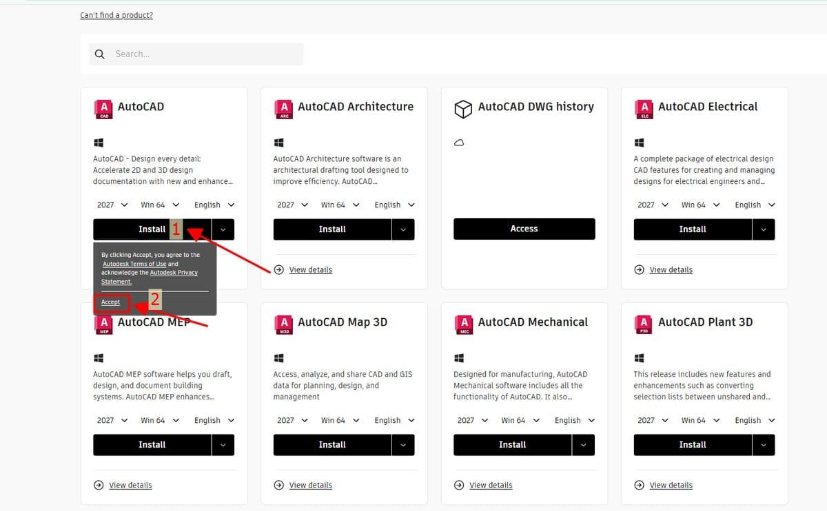 Tìm AutoCAD trong danh sách sản phẩm
