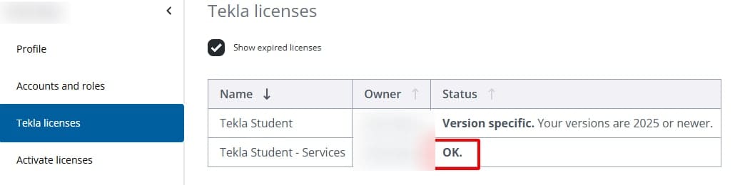 Bảng Tekla licenses hiện trạng thái OK sau khi kích hoạt
