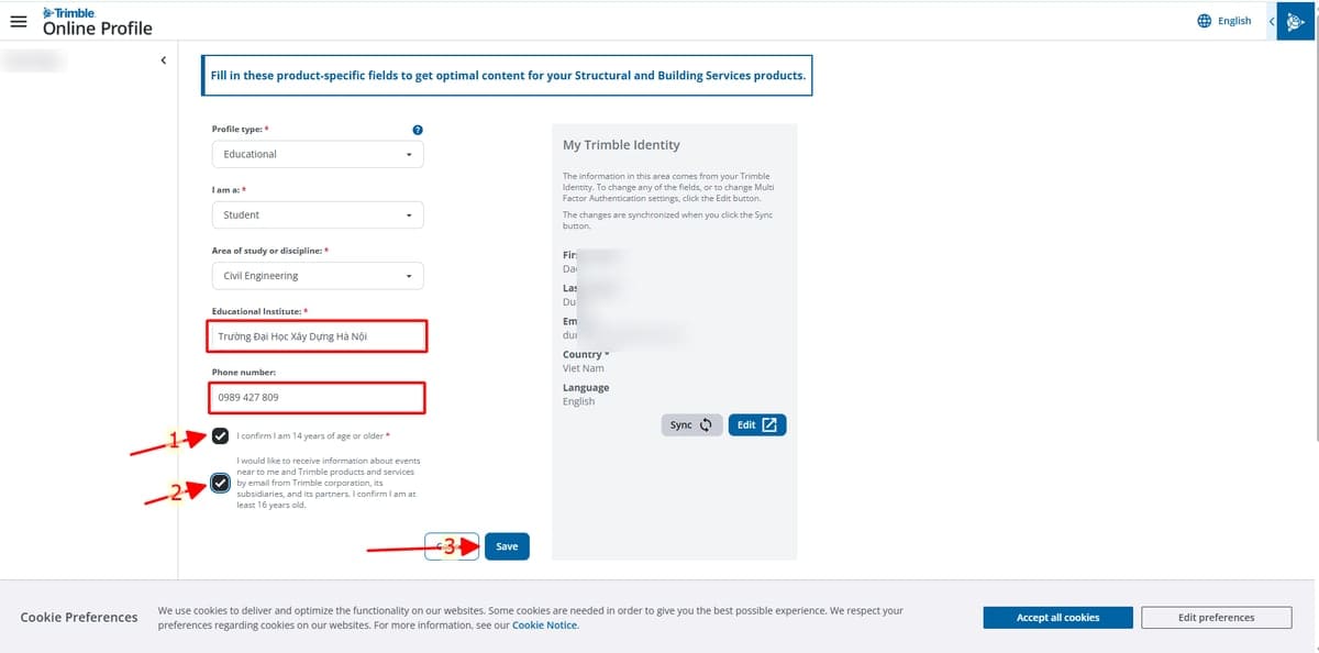 Khai hồ sơ Educational trên trang Tekla Online Profile