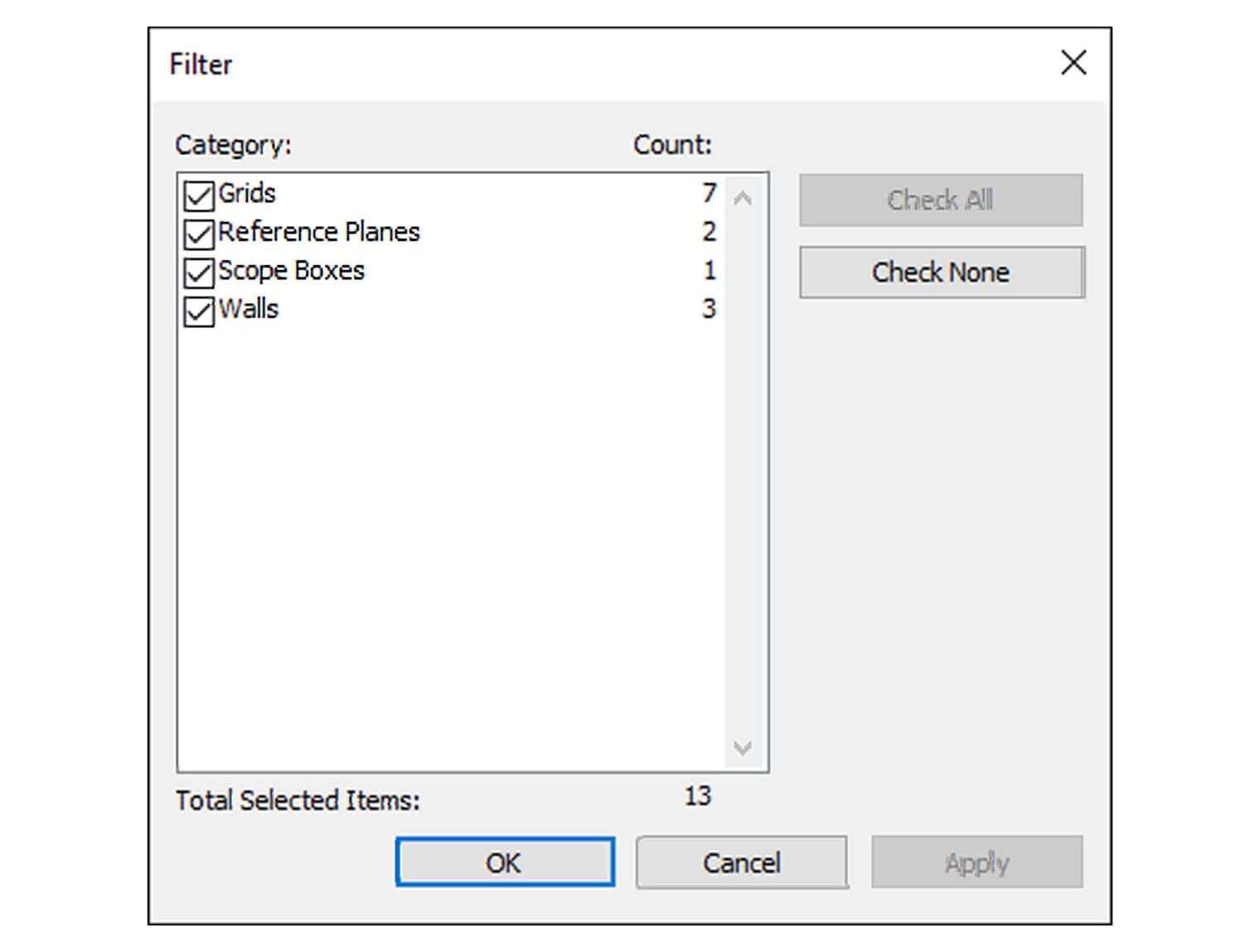The Filter dialog counts elements by category