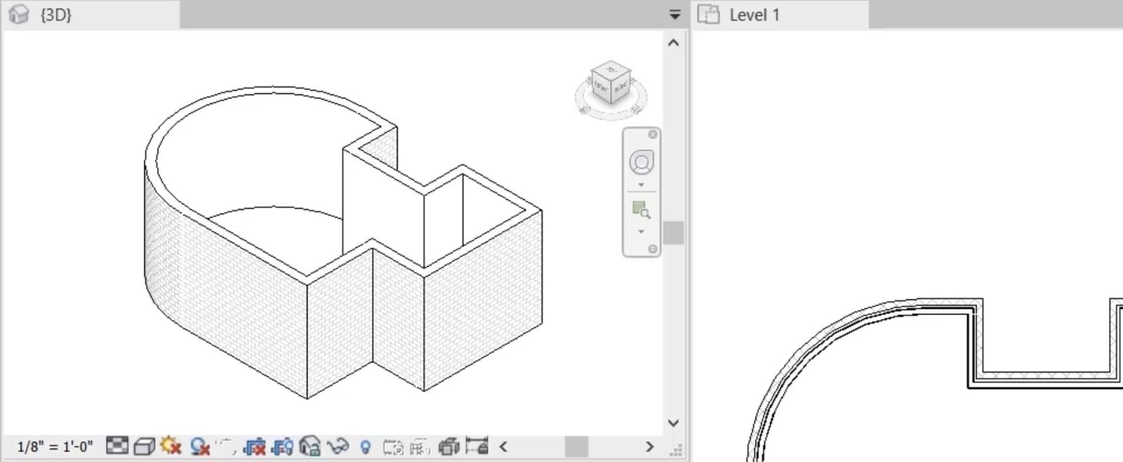 Straight and curved walls in a Revit 3D view next to the Level 1 floor plan