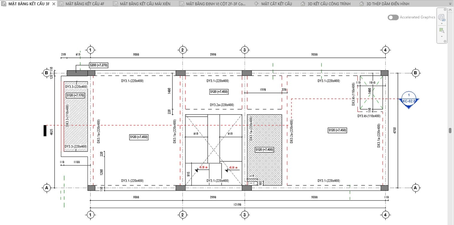 Mặt bằng kết cấu tầng 3 trong Revit 2027, dầm phương X được filter tô đỏ, dầm phương Y giữ nét đen