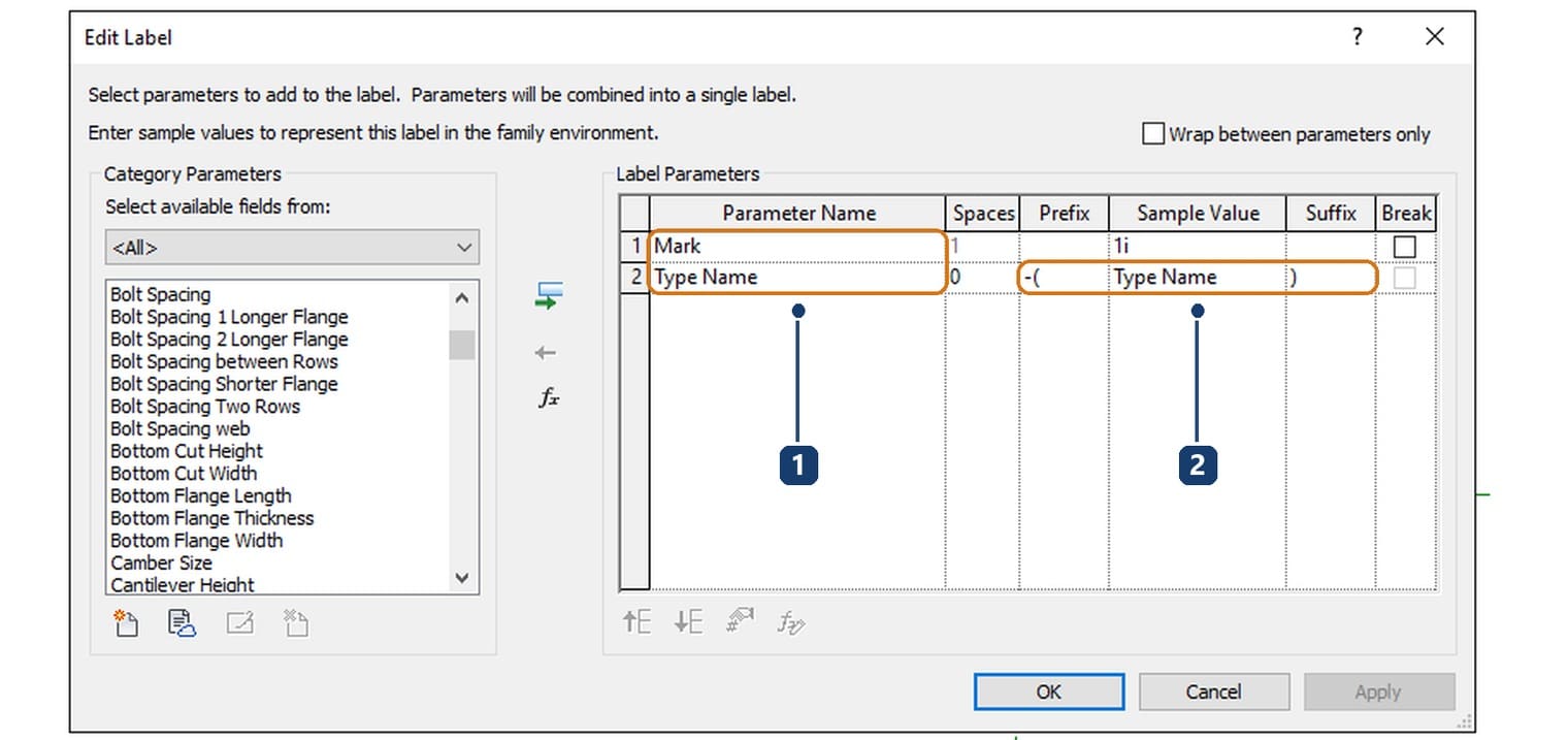 1 hai tham số Mark và Type Name. 2 cột Prefix và Suffix của Type Name thêm chuỗi -( và dấu đóng ngoặc