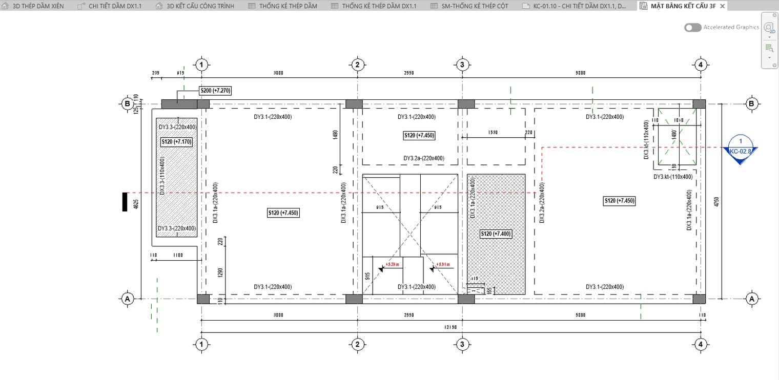Mặt bằng kết cấu tầng 3 trong Revit 2027 đã đủ nhãn dầm, nhãn sàn, ký hiệu lỗ mở, trục và mặt cắt